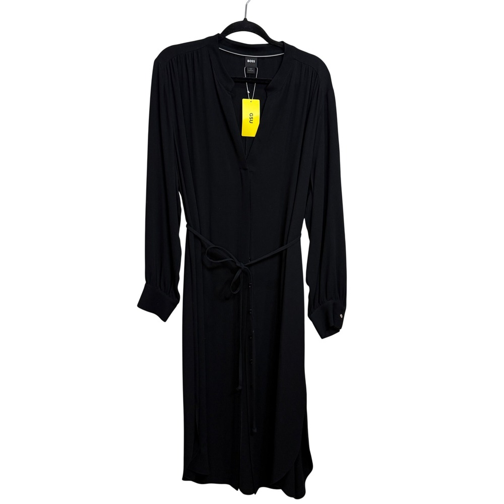 BOSS Black‎ Long Sleeve Midi Shirt Dress Sz 14 Quiet Luxury Minimalist Belted